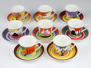 A set of 8 Wedgwood, Clarice Cliff limited edition coffee cans and saucers, Monsoon, Red Autumn, Coral Firs, Blue Lucerne, Tulip, Fantasque Mountain, Garden Blue and Windbells, boxed with 7 bean end coffee spoons 