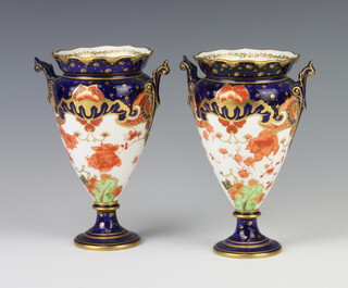 A pair of Royal Crown Derby Imari pattern 2 handled tapered vases decorated with flowers 16cm 