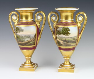 A pair of 19th Century Continental porcelain vases with twin handles decorated panels of Continental townscapes and figures, raised on square bases 31cm 