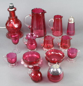 A cranberry glass decanter converted to a table lamp 21cm (chipped) together with minor cranberry glassware 