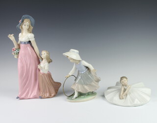 A Spanish figure of a lady with young girl 30cm (minor chips to flowers), a Nao figure of a seated ballet dancer 9cm and a girl with hoop 17cm 