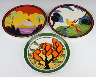 A Wedgwood, Clarice Cliff Bizarre plate Orange Erin 2271A/9500 26cm, a ditto Bird of Paradise 354/1999 31cm and a ditto Etna 496/1999 31cm