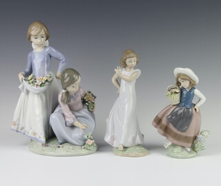 A Lladro figure of a girl holding a basket of flowers 16cm, ditto of a girl 6990 19cm, another of 2 girls picking flowers 5893 25cm 