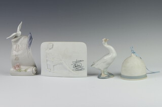 A Lladro figure of a goose 12cm, a ditto Christmas bell 6cm, 2 Collector's Society plaques 