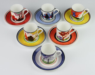 A set of 6 Wedgwood Clarice Cliff Cafe Chic coffee cups and saucers - Windmill, May Avenue, Autumn, Blue Firs, Summer House and Rectory, all boxed  