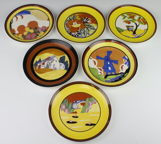A set of 6 Wedgwood, Bizarre by Clarice Cliff plates - Applique Windmill, Lugano, Caravan, Avignon, Palermo and Eden, all 20cm, contained in polystyrene boxes 