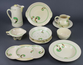 A Royal Doulton Lynn pattern vintage dinner service comprising 2 large oval meat plates, 1 oval meat plate, 1 small meat plate, 5 large plates 26.5cm, 6 plates 24cm, 1 plate 21.5cm, 8 plates 19cm, 2 sauce tureen plates, 2 sauce tureens with lids and ladles, 2 hors d'oeuvres dishes, serving dish with lid, a cress strainer, dish and plate, 2 consomme bowls with lids and saucers, 1 consomme bowl and saucer (no lid), cream jug (a/f), sugar bowl, 15 soup bowls 24cm, 6 soup bowls 26.5cm (1 a/f), 2 gravy boats with plates, hot water jug and lid, oval meat plate and a serving dish with lid   