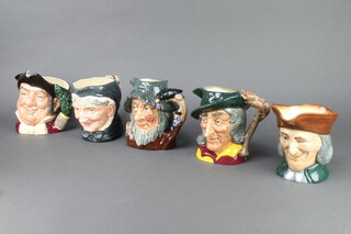 Five Royal Doulton character jugs - Rip Van Winkle D6438 17cm, Mein Hose D6410 17cm, Granny D5521 15cm, The Vicar of Bray with A mark 15cm and The Pied Piper D6403 17cm 