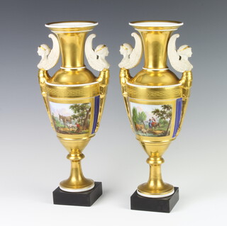 A pair of 19th Century Paris porcelain 2 handled oviform vases with caryatid handles and gilt decoration with panels of figures and animals, raised on black marble bases (1 cracked) 32cm 