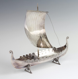 A silver plated model of a Norwegian tall boat with presentation inscription, engraved Joachin Greg & Co. 280 grams, 27cm 