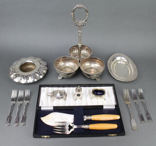 A Victorian silver plated 3 division bottle stand and minor plated wares 