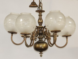 A pair of Dutch style gilt metal 6 light electroliers with etched glass shades 44cm h x 67cm diam. (one is missing 3 shades) 