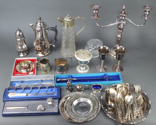 A silver plated cup and spoon and minor plated wares
