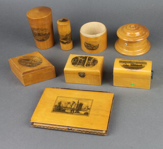 A treen string box 5cm h x 9cm diam., diamond shaped Mauchline Ware box decorated Southsea from the pier, rectangular domed ditto Clacton on Sea Essex, rectangular ditto Tomb of the Black Prince Canterbury Cathedral, jar and cover Snowdon Llanberis Lake and Castle, jar and cover containing a glass Carlisle Parade and Robsons Terrace Hastings, box decorated East Grinstead (no lid) and a ditto book and cover decorated Abbotsford  