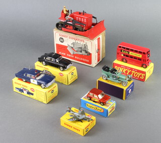 A Dinky Supertoy 561 Blaw Knox bulldozer, ditto 256 Police Patrol Car, 264 R.C.M.P Patrol car, 291 London Bus "Exide", 737 Hawker Hunter Fighter, together with a Model Yesteryear Y15 Rolls Royce Silver Ghost and a Matchbox Superfast 29 Racing mini, all models are boxed  