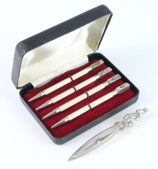 A set of 4 Sterling silver and enamelled bridge pencils, cased together with a ditto bookmark 