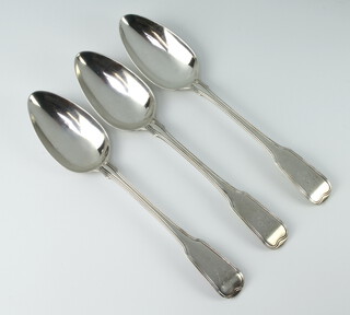 Three William IV silver fiddle and thread pattern table spoons with engraved monogram, London 1834, 214 grams  