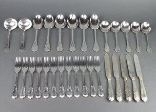 A quantity of silver plated lily pattern cutlery comprising 12 fish forks, 5 soup spoons, 2 ladles, 6 tablespoons, 5 knives