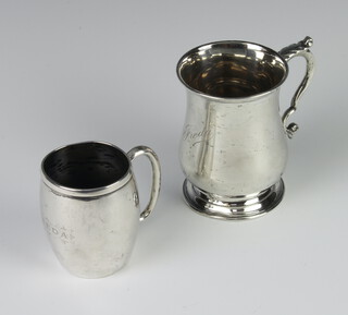 A baluster silver christening mug with engraved monogram and S scroll handle Chester 1921, a bell shaped ditto London 1862 190 grams 