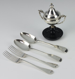 Two silver dessert spoons and 2 forks, mixed dates 166 grams, a silver trophy on a later base  