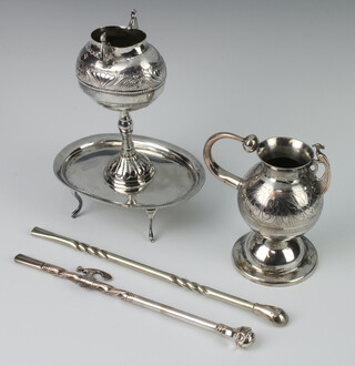 A Persian white metal two handled vase raised on an oval base, a plated baluster ditto and 2 tea straws 