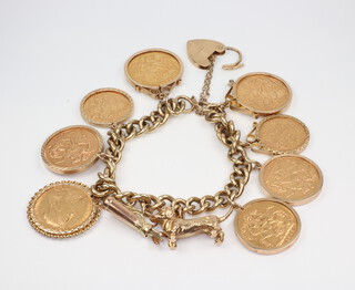A 9ct yellow gold bracelet with 2 9ct charms and padlock together with 6 sovereigns in 9ct mounts 1890, 1899, 1900, 1902, 1903 and 1974 and 2 half sovereigns in 9ct mounts - 1892 and 1908, the net weight of 9ct gold is 41.5 grams 