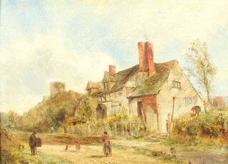 W J J C Bond (1833-1926), oil on board, monogrammed, figures before a country cottage, with Cider House Galleries label on verso 32cm x 44cm 
