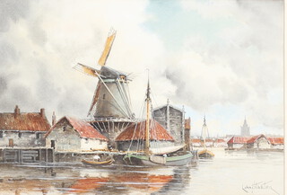 Louis Van Straaten (1836-1909), watercolour signed, Dutch canal scene with windmill and distant town 20cm x 29cm 