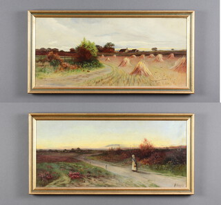E Darley 1908, oils on canvas a pair, rural landscape with haystacks and study of figures on a lane 24cm x 55cm 
