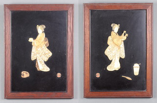 A pair of Japanese Meiji period lacquered panels with bone decoration depicting Geisha girls with seal mark 39cm x 27cm 