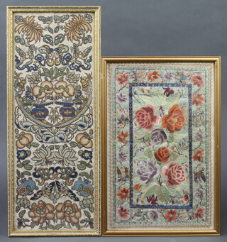 A pair of Chinese silk work embroideries, framed as one, with flowers, fruits and butterflies 48cm x 18cm and a ditto of peonie 37cm x 24cm  