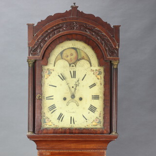 An 18th Century 8 day striking longcase clock the 33cm arched painted dial with phases of the moon, Roman numerals, minute dial, calendar aperture marked Bristol, contained in a mahogany case, complete with pendulum and weights 223cm h 