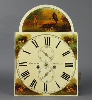 Marshall of Greenside, an 18th Century 8 day longcase clock 4 pillar movement, the 33cm arched dial painted shooting scenes with subsidiary dial and calendar dial (no case, the hour and second hand, bell, pendulum and weights missing)
