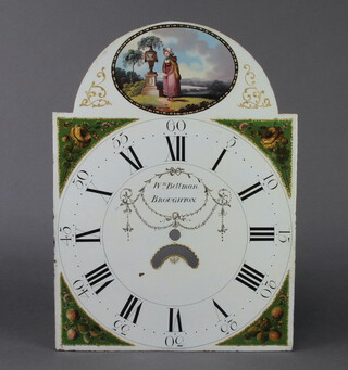 William Bellman of Broughton, an 18th Century 8 day striking longcase clock movement, the 33cm arched dial painted a figure of a lady standing by a lidded urn and having floral spandrels, Roman numerals, calendar aperture (chip to dial) together with the associated movement striking on bell, pendulum and key (no weights) 