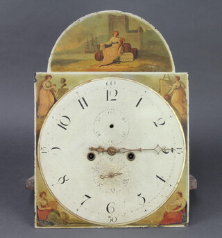 A 19th Century 8 day longcase clock movement, the 34cm arched dial decorated a figure of a lady by a barrel, marked Maude Daventry 1860, the spandrels painted figures depicting the Arts, calendar dials, subsidiary second hand (minute and second hands are missing, no pendulum, key or weights) 
