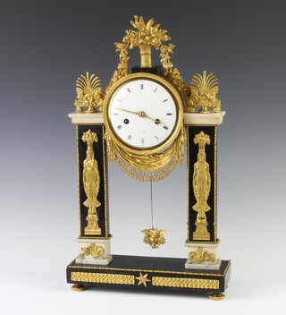An Empire striking portico clock with silk suspension movement striking on a bell, the enamelled dial with Roman numerals supported by 2 columns, having gilt metal mounts and raised on bun feet 51cm h x 29cm w x 9cm d, complete with pendulum and key 