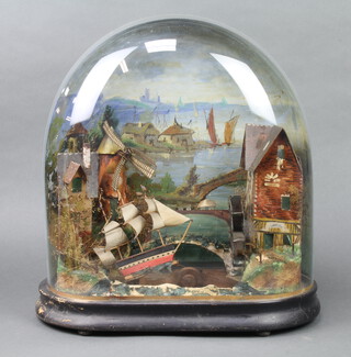 A Victorian paper and wooden automaton of a sailing ship contained under a large dome 50cm h x 40cm x 20cm d 