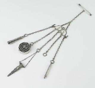 A Victorian silver chatelaine chain with 4 silver mounted accessories - cigar holder, tape measure, propelling pencil and scissor case, gross weight 94 grams 