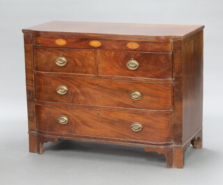 A Georgian inlaid mahogany bow front chest of 2 short and 2 long drawers with brass drop handles, raised on square supports 84cm h x 108cm w x 50cm d 