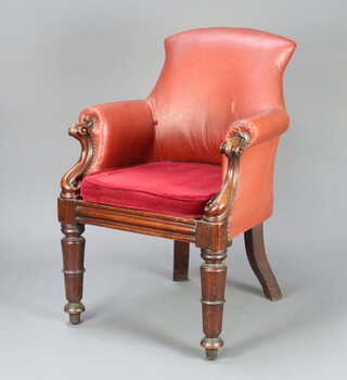 A William IV mahogany show frame armchair upholstered in red material, raised on turned supports 95cm x 60cm x 54cm (seat 34cm x 32cm) 