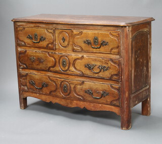 An 18th/19th Century Continental elm chest of serpentine outline fitted 2 short and 2 long drawers, raised on square supports 85cm h x 120cm x 48cm 