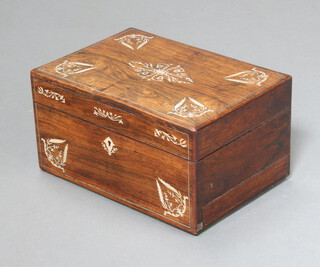 A Victorian inlaid rosewood and mother of pearl jewellery box with hinged lid, the base fitted a secret drawer 16cm h x 30cm w x 20cm d 