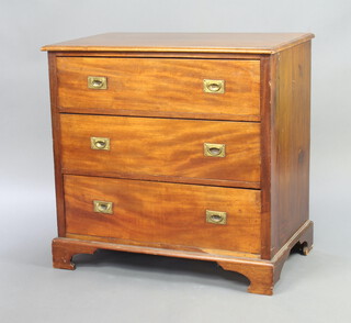 A 19th Century mahogany military style chest of 3 drawers with countersunk handles, raised on bracket feet 93cm h x 96cm w x 60cm d  