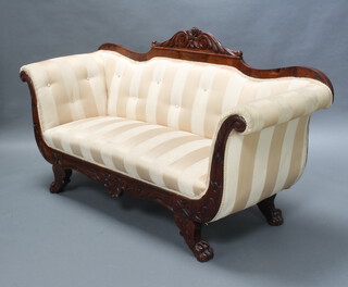 A William IV carved mahogany show frame sofa upholstered in yellow striped material raised on shaped supports 95cm h x 187cm w x 61cm d (seat 126cm x 39cm) 