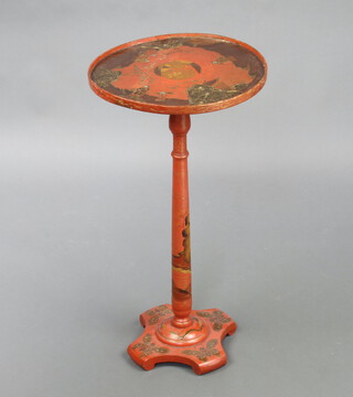 A 20th Century circular Japanese lacquered wine table, raised on a turned column and shaped base, decorated figures and butterflies 67cm h x 36cm diam. 
