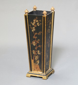 A 20th Century square tapered Regency style lacquered stick stand with acorn finials, raised on bracket feet 64cm h x 20cm x 20cm  