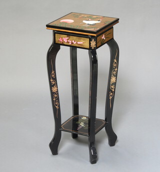 A 20th Century square Japanese lacquered 2 tier jardiniere stand, the top decorated storks, raised on cabriole supports 76cm h x 29cm w x 29cm d 
