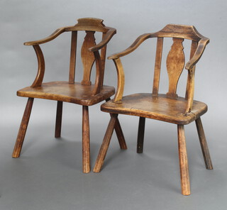 A pair of 17th/18th Century bleached elm slat back carver chairs with solid seats, raised on outswept supports 93cm h x 60cm w x 45cm d (seats 36cm x 30cm) 