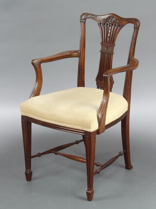 A Georgian style Edwardian mahogany slat back carver chair with overstuffed seat, raised on square tapered supports with H framed stretcher 90cm h x 51cm w x 46cm d (seat 29cm x 30cm)  