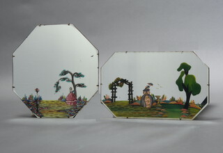 An Art Deco octagonal frameless mirror decorated a scene with a crinoline lady by a tree 48cm x 48cm together a rectangular ditto 56cm x 30cm 